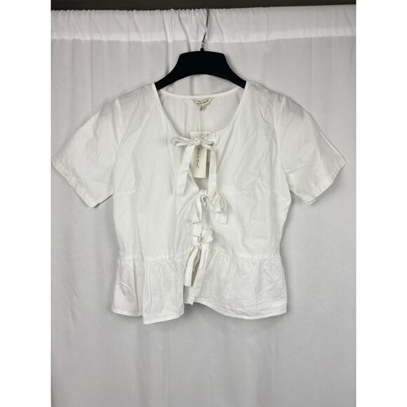 NWT Sim & Sam Tie Front Short Sleeve Top White Cotton Size S Cottage Prairie - Picture 1 of 7